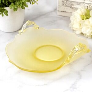 VTG Lancaster Glass Topaz Yellow Satin Frosted Handled Bon Bon Serving Bowl 7"